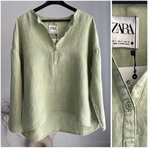 100% LINEN ZARA SLIT BLOUSE WASHED RUSTIC OVERSIZED NWT S - Picture 2 of 4